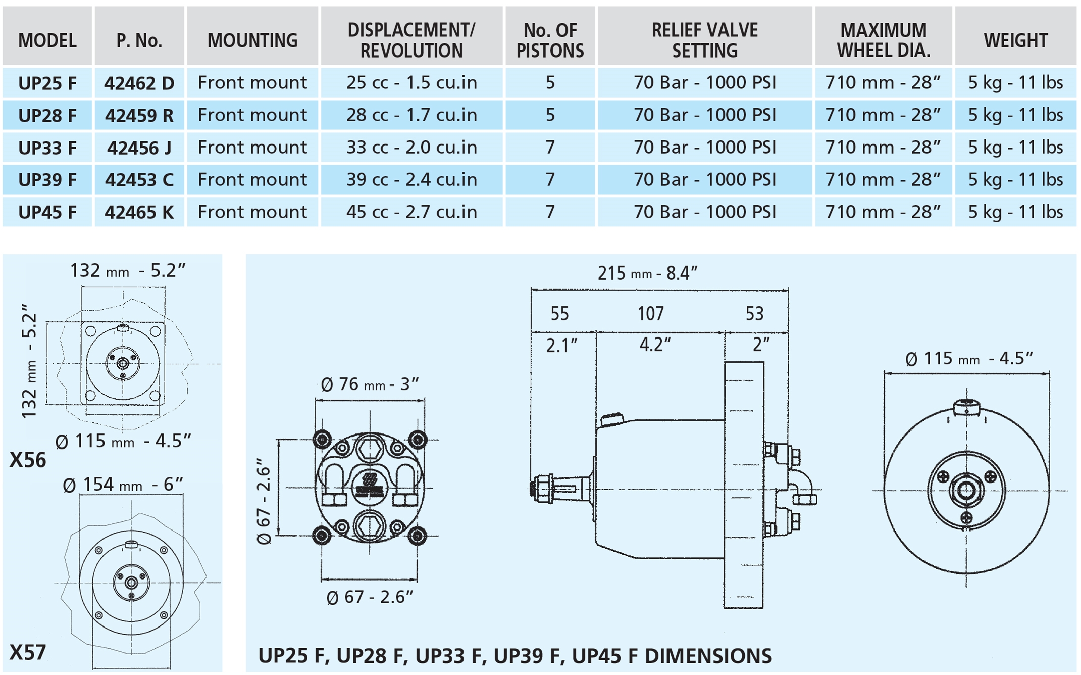 UP25/28/33/39/45 Hydraulic Boat Steering Helm Pumps Front Mount Specifications