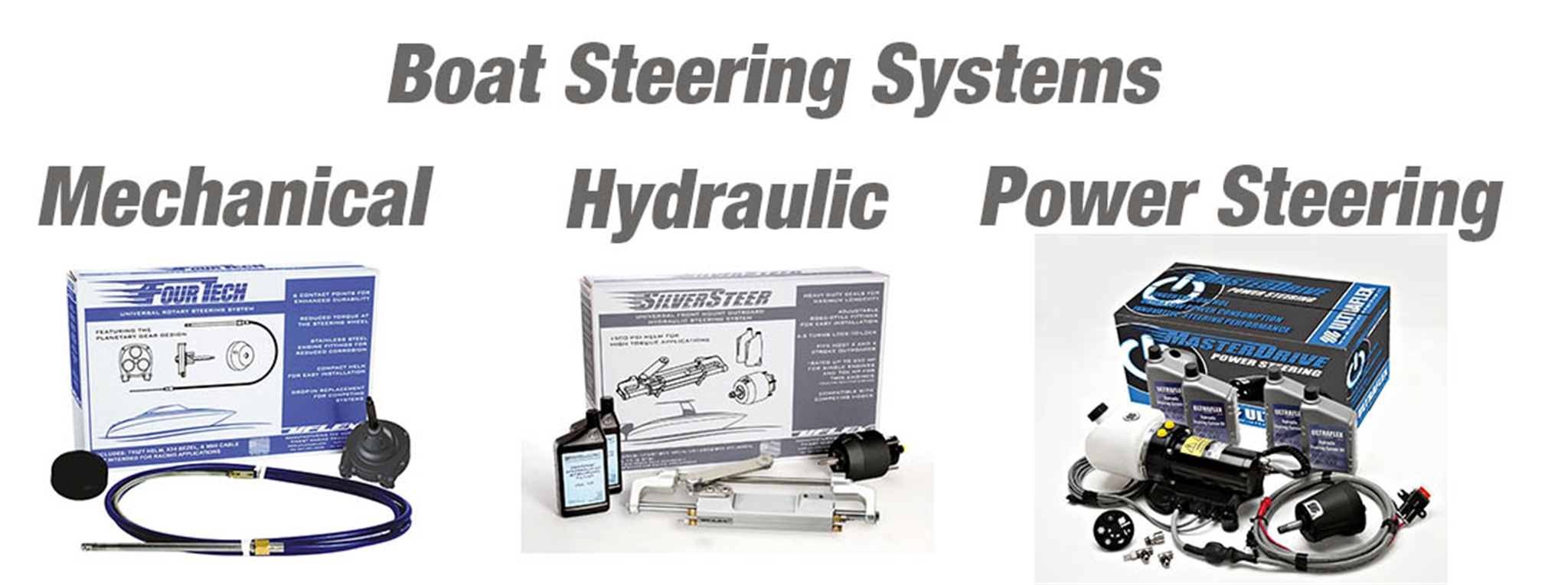 Boat Steering Systems including Mechanical boat steering Hydraulic Boat Steering and Hydrauli Power Assisted Boat Steering